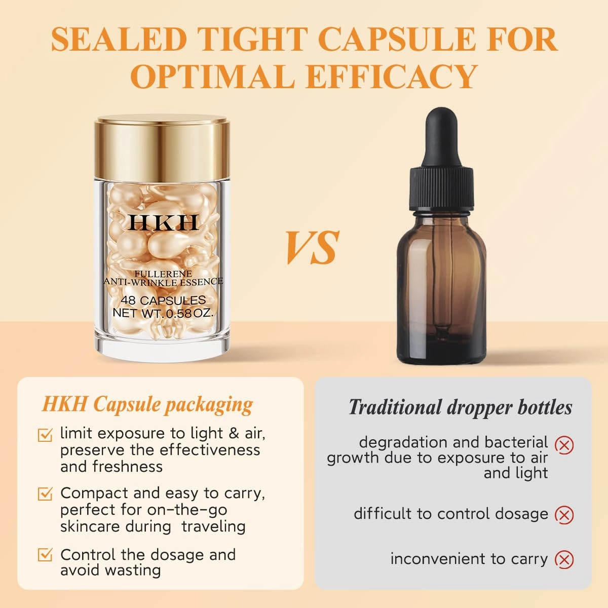 HKH Vitamin C Face Serum Oil Vit C with Vitamin E Anti-Again Serum Capsules, Firming Skin & Reduces Fine Lines, 48 Travel-Friendly Skincare Capsules for Smooth, Moisturized Skin, with Scissors
