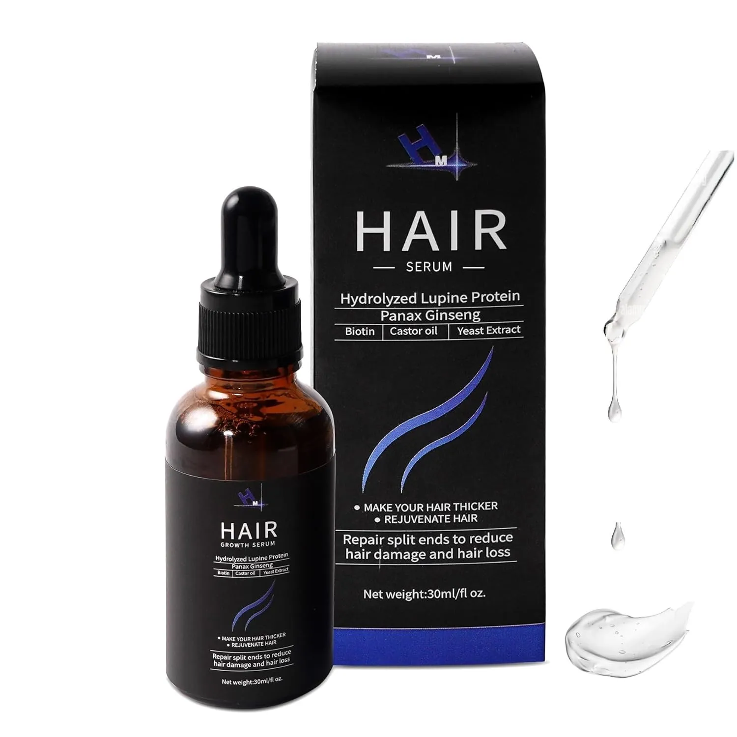 HM Hair Growth Serum with Biotin, Castor Oil, Amino Acids & Hydrolyzed Lupine Protein | Prevents Hair Breakage, Hair Loss & Thinning | Scalp Strengthening Formula | Vegan-Friendly | Non-Greasy