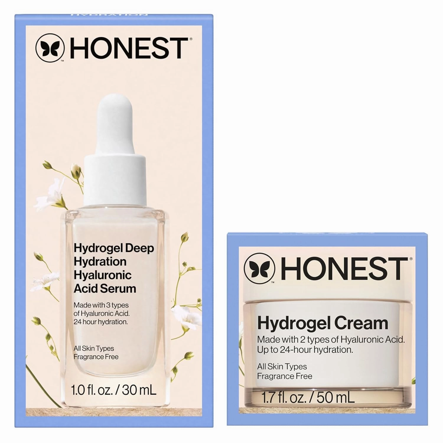 Honest Beauty Hydrogel Bundle | Moisturizing Hydrogel Cream   Deep Hydration Hyaluronic Acid Serum | Gentle for Sensitive Skin, Fragrance Free, Vegan | 1.7 fl oz, 1 fl oz