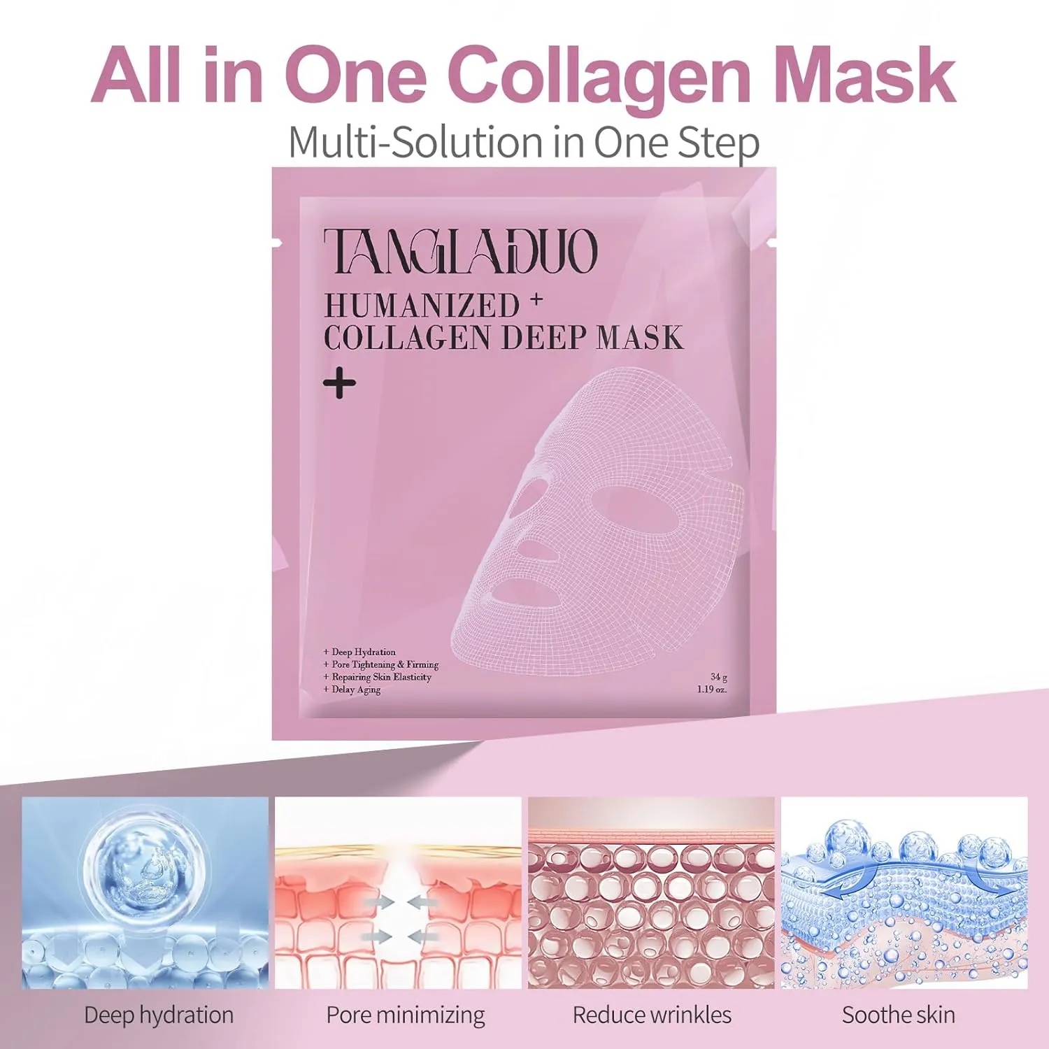 Humanized Collagen Real Deep Overnight Mask,Hydrating Firming,Anti-ageing Hydrogel Mask,for All Skin Types,Elasticity Improvement,Pore Minimizing,Minimize Wrinkles,4Pcs,Pink