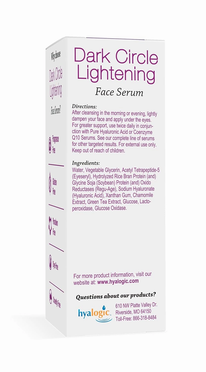 Hyalogic Dark Circle Lightening Face Serum - Treat Under Eye Dark Circles w/Hyaluronic Acid, Eveseryl & Regu-Age - Soothe, Nourish & Rejuvenate Skin - .47oz
