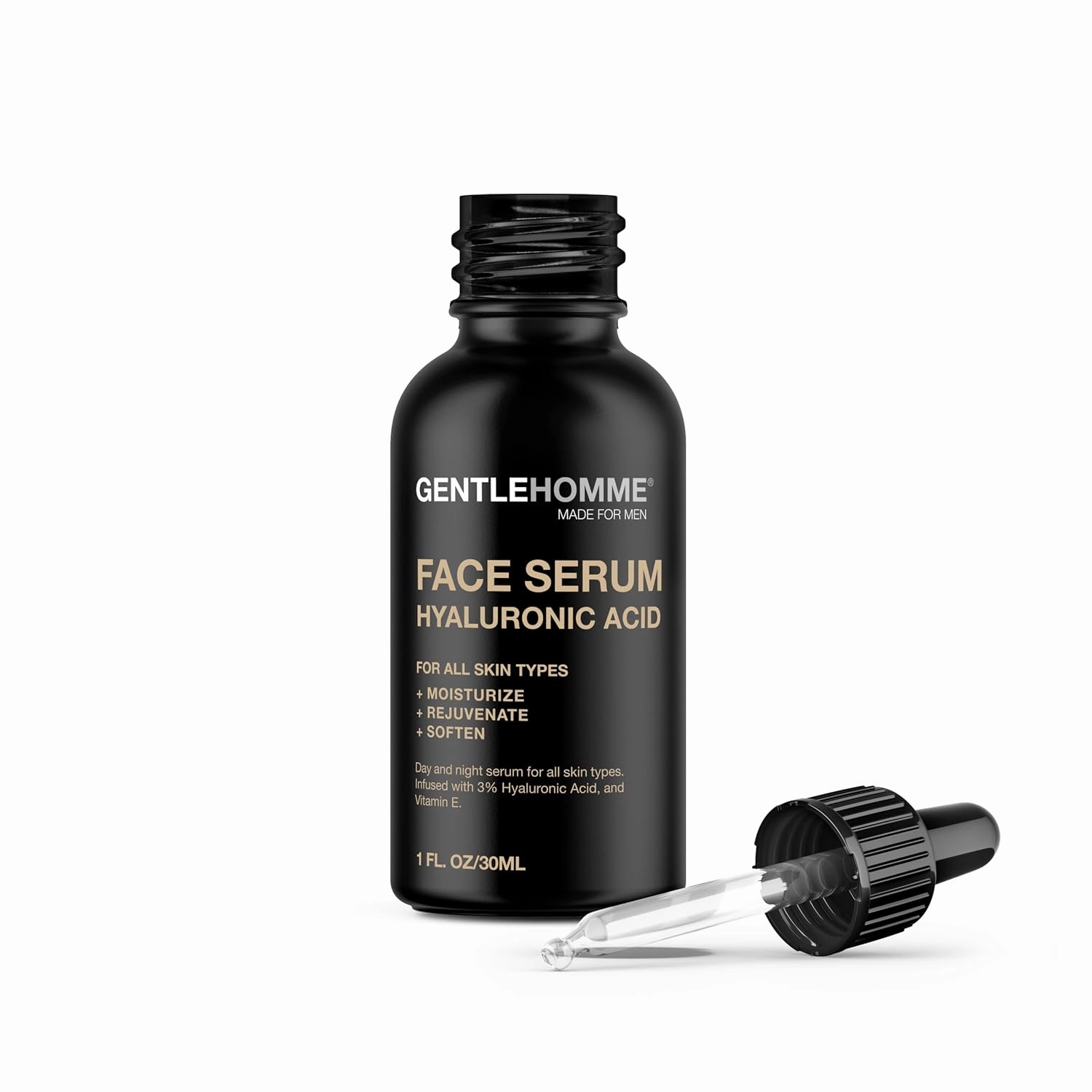 Hyaluronic Acid Face Serum - Men’s Facial Serum - With 3% Hyaluronic Acid & Vitamin E - Helps Moisturize, Rejuvenate & Soften Skin - Day & Night Serum - All Skin Types - Vegan - 1oz