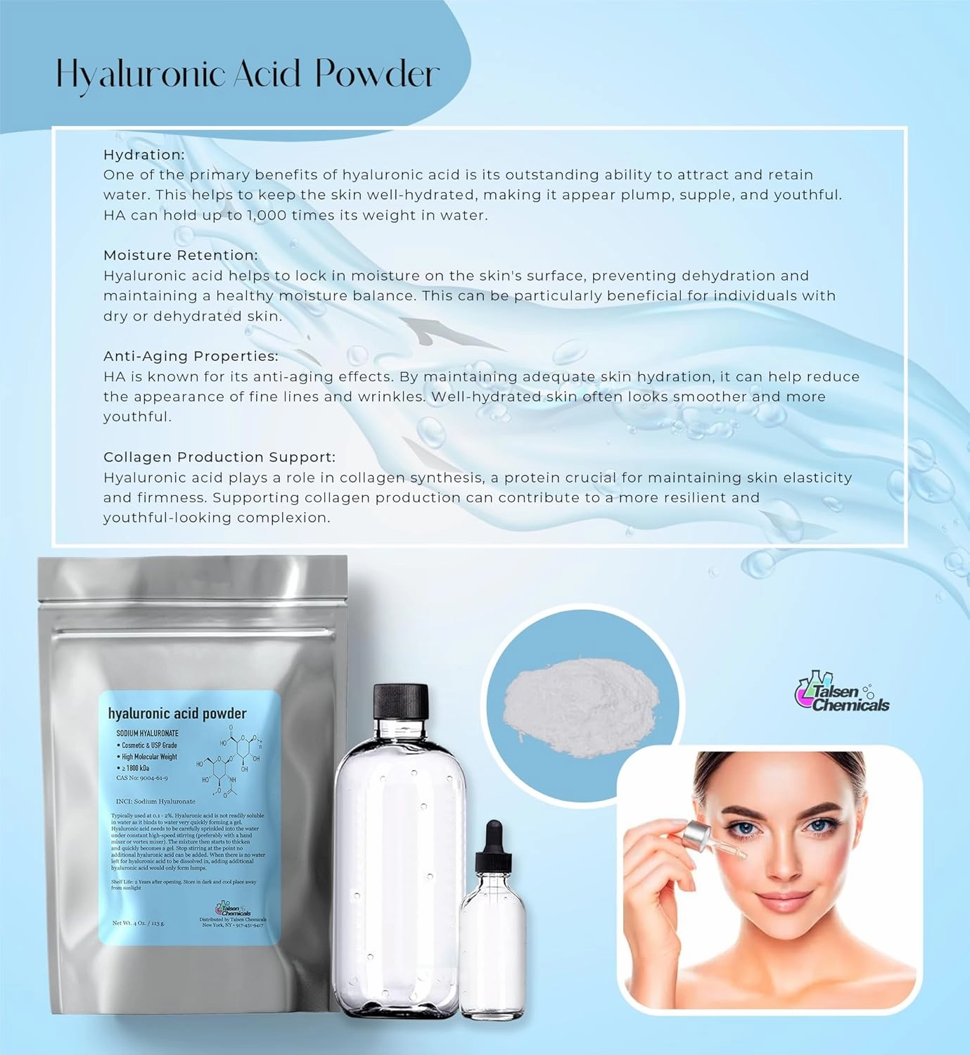 Hyaluronic Acid Powder (1 oz. / 28 grams) 1800 kDa  Pure Hyaluronic Acid Powder Natural Cosmetic Grade, Hyaluronic Acid High Molecular Weight Powder, DIY Hyaluronic Acid Serums