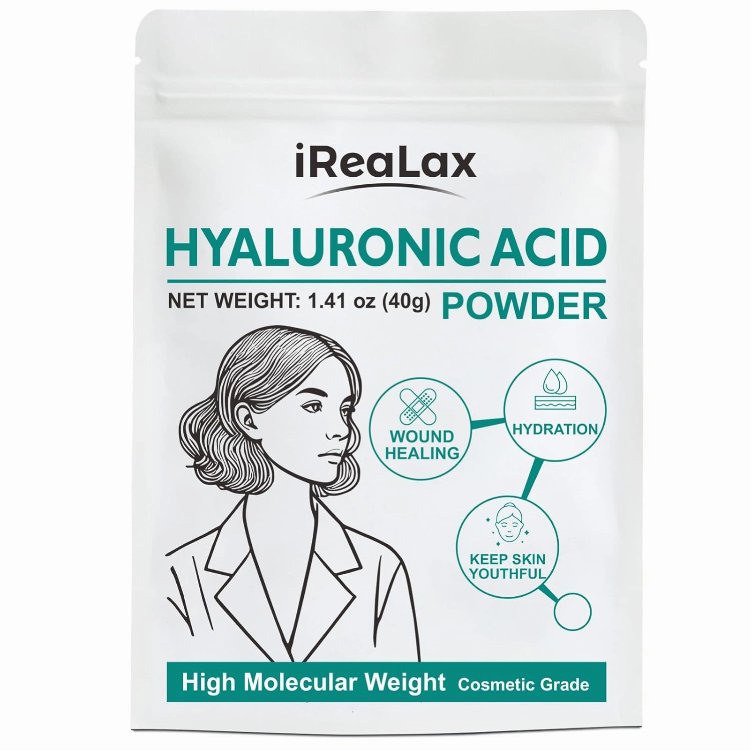 Hyaluronic Acid Powder | High Molecular Weight Hyaluronic Acid Serum Powder | 40g(1.41oz) Cosmetics Grade | Sodium Hyaluronate HA | LMW HMW Hyaluronic Acid ingredients to make gel and DIY Serums
