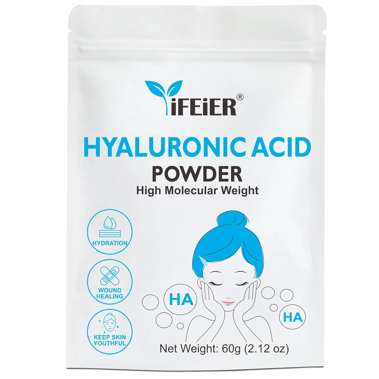 Hyaluronic Acid Powder | High Molecular Weight Hyaluronic Acid Serum Powder | 60g(2.12oz) Cosmetics Grade | Sodium Hyaluronate HA | LMW HMW Hyaluronic Acid ingredient for DIY Serums