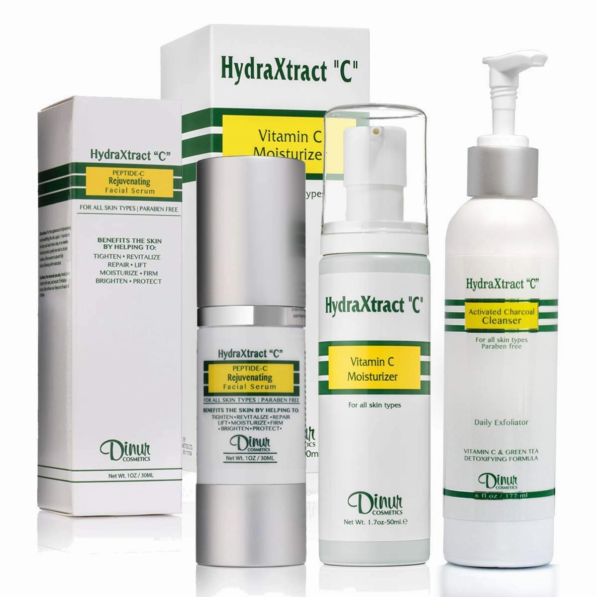 HydraXtract C Bundle Collection- Consisting of Vitamin C Moisturizer, Rejuvenating Peptide C Facial Serum and Activated Charcoal Cleanser