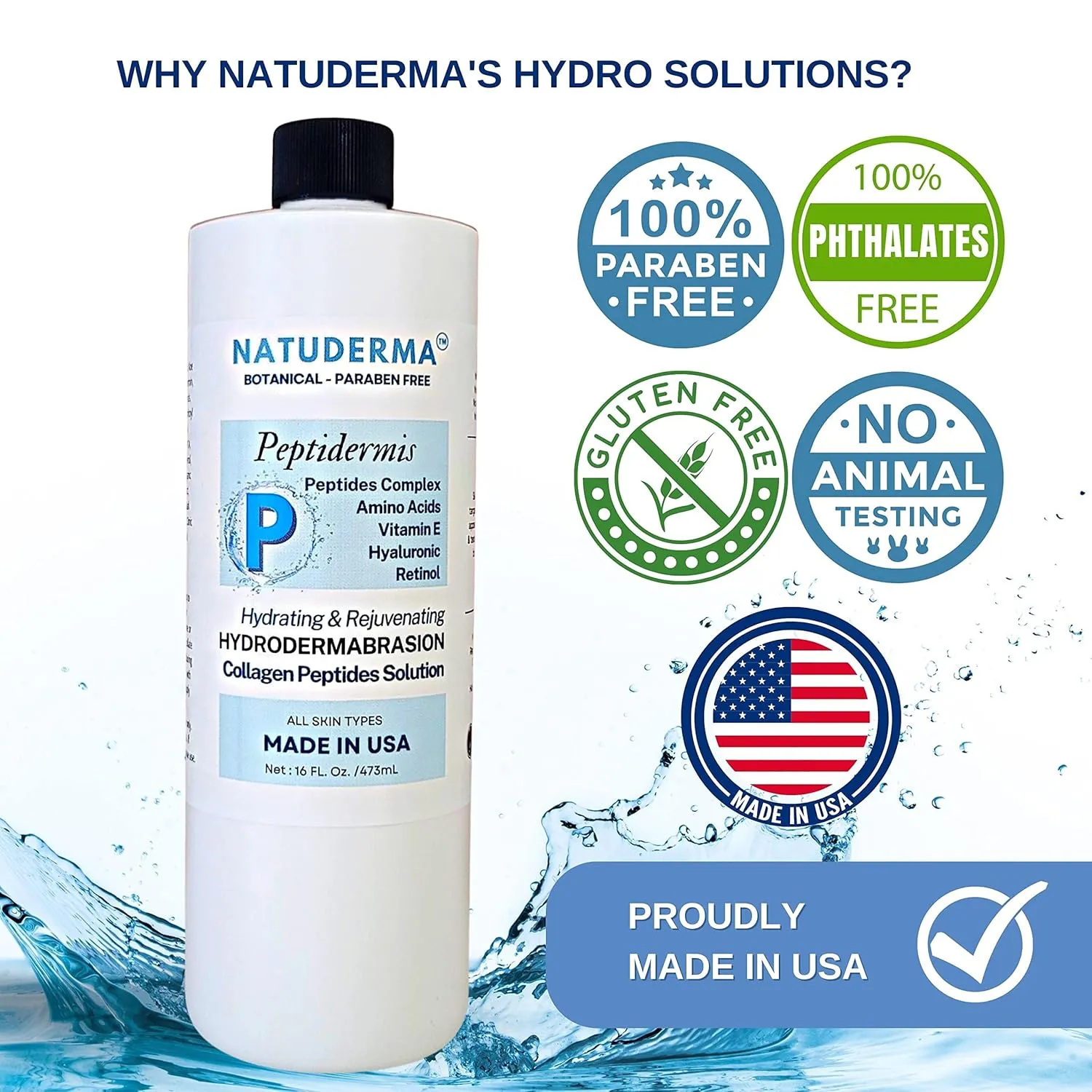Hydrodermabrasion Solution PEPTIDERMIS, Peptide Complex, Oxy-Facial Serum, Hydro Facial Solution for Hydrodermabrasion Machine, Matrixyl 3000 Hydro Serum, 16 oz, Natuderma