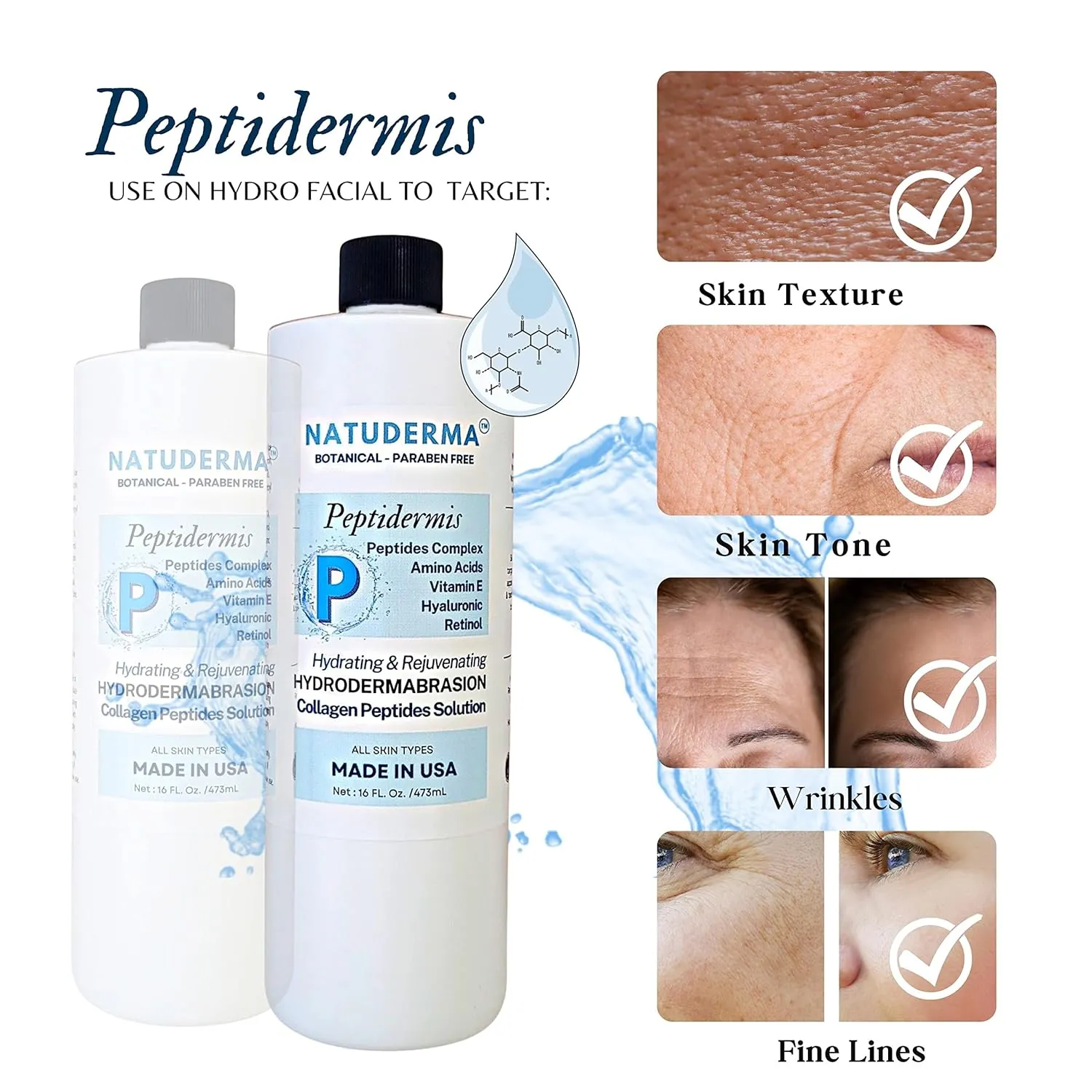 Hydrodermabrasion Solution PEPTIDERMIS, Peptide Complex, Oxy-Facial Serum, Hydro Facial Solution for Hydrodermabrasion Machine, Matrixyl 3000 Hydro Serum, 16 oz, Natuderma