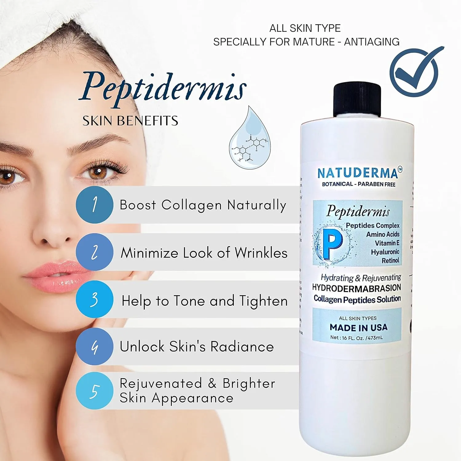 Hydrodermabrasion Solution PEPTIDERMIS, Peptide Complex, Oxy-Facial Serum, Hydro Facial Solution for Hydrodermabrasion Machine, Matrixyl 3000 Hydro Serum, 16 oz, Natuderma