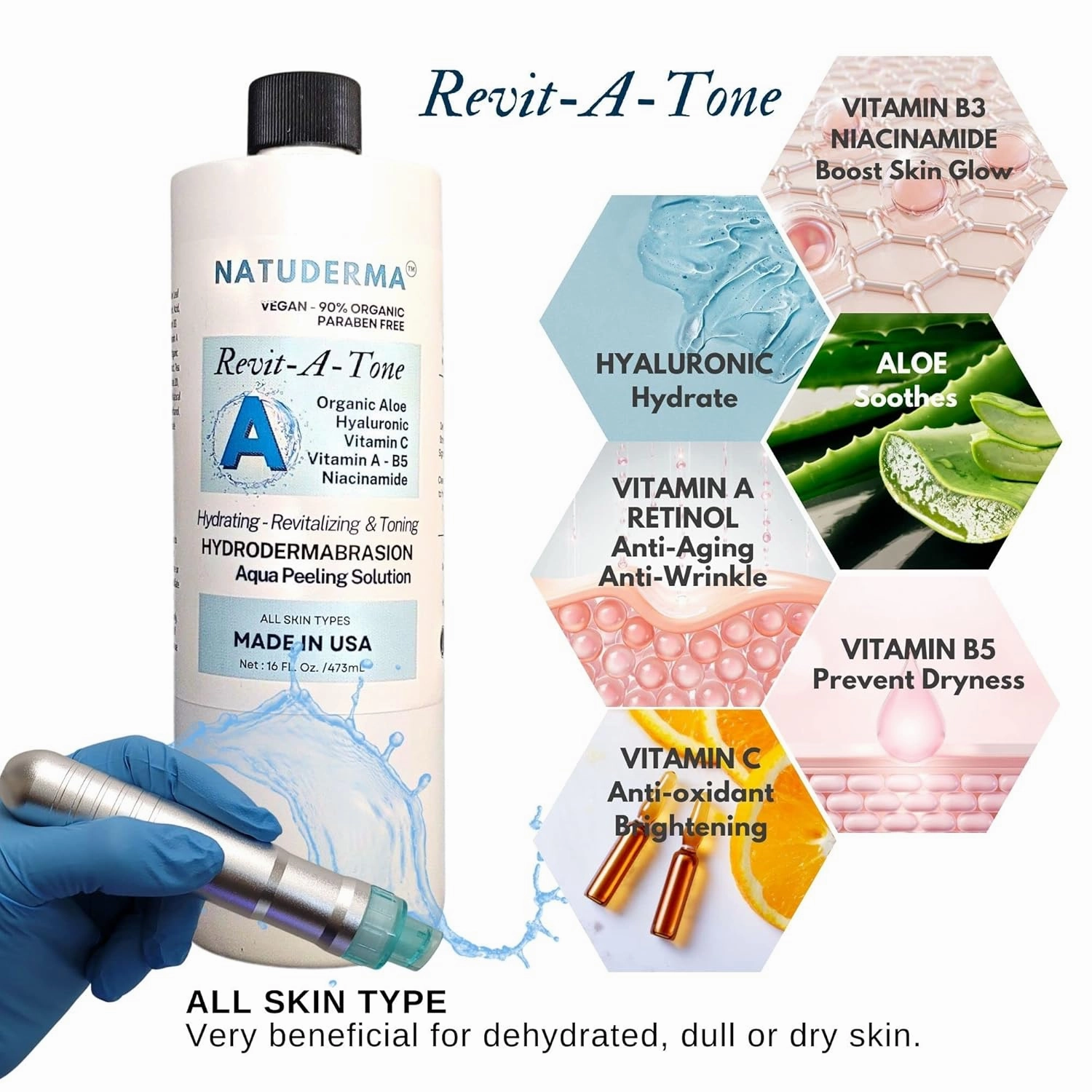 Hydrodermabrasion Solution, Aqua Peeling Serum, Solution for Wet Microdermabrasion, 3 bottles of 16 oz each, Natuderma Hydro Serum. MADE IN USA