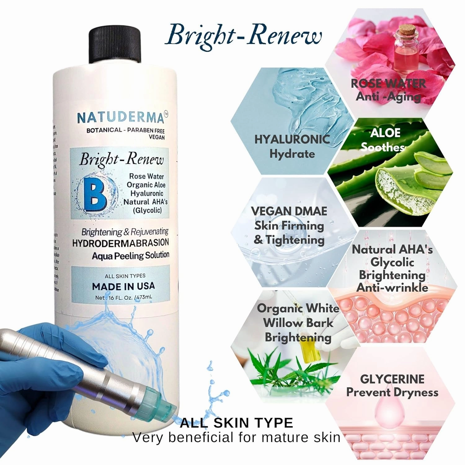 Hydrodermabrasion Solution, Aqua Peeling Serum, Solution for Wet Microdermabrasion, 3 bottles of 16 oz each, Natuderma Hydro Serum. MADE IN USA