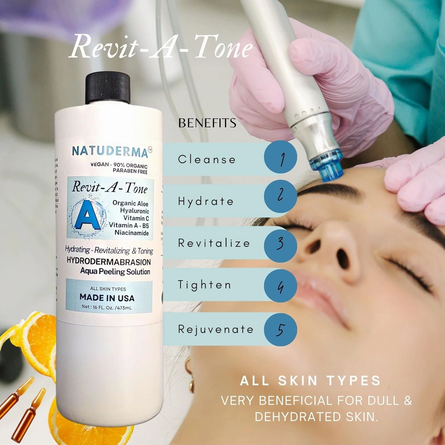 Hydrodermabrasion Solution, Aqua Peeling Serum, Solution for Wet Microdermabrasion, 3 bottles of 16 oz each, Natuderma Hydro Serum. MADE IN USA