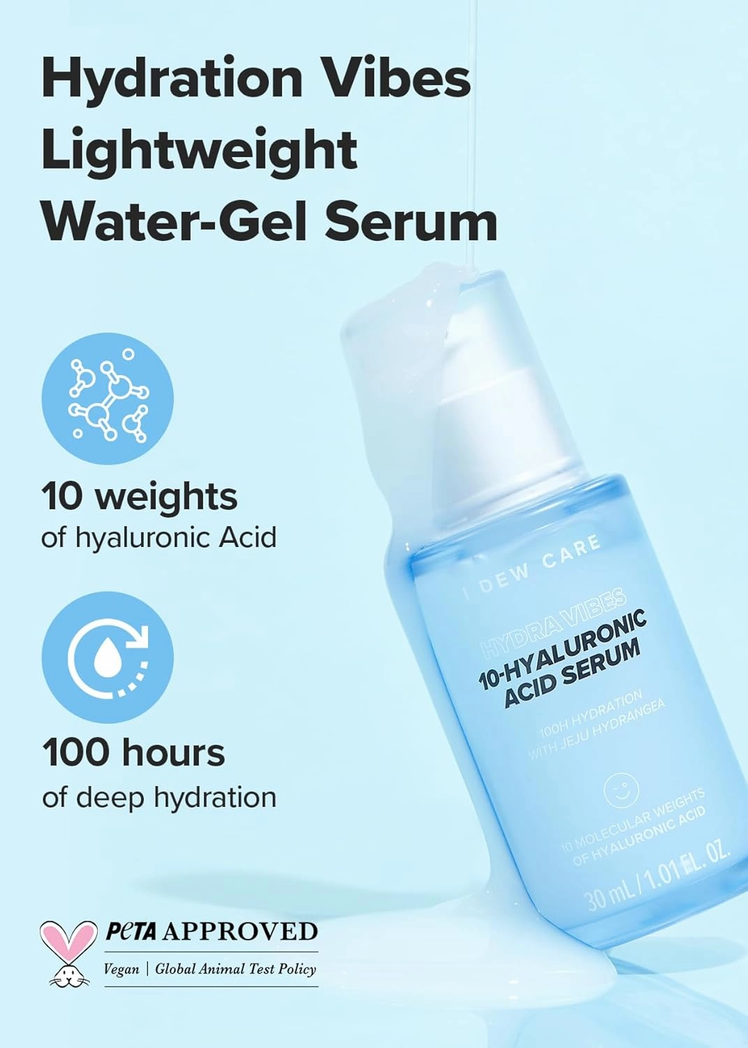 I DEW CARE Hyaluronic Skincare - Hydra Vibes 10-Hyaluronic Acid Serum | Jeju Hydrangea, Moisturizing, Korean Glass Skin, Vegan, Cruelty-Free, Hydrating, Dry Skin Treatment, 1.01 FL Oz.