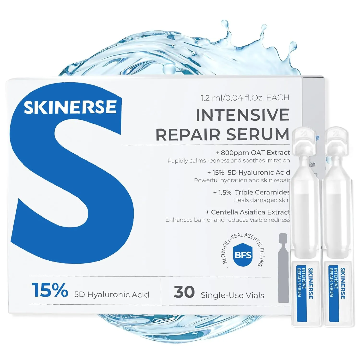 Intensive Repair Serum, 15% Hyaluronic Acid Serum for Face with Ceramides and Centella Extract, Hydrating Calming Barrier Repair Redness Reilef for Sensitive Skin, 30 Vials