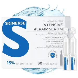 Intensive Repair Serum, 15% Hyaluronic Acid Serum for Face with Ceramides and Centella Extract, Hydrating Calming Barrier Repair Redness Reilef for Sensitive Skin, 30 Vials
