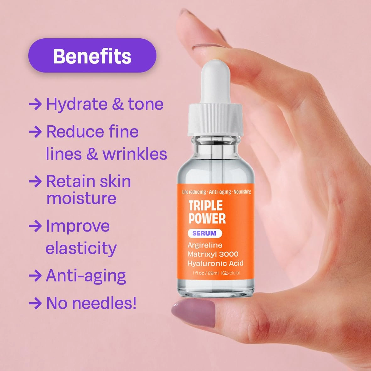 IQ Natural Martixyl 3000 Serum for Face, Argireline Peptides Anti Aging, Matrixyl Argireline Serum for Women Men, Hydrating – 1oz (2 PACK)
