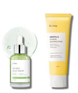 iUNIK Tea Tree Relief Serum & Propolis Vitamin Glow Sleeping Mask Night Cream Moisturizer Leave-in Overnight Mask Firming Lifting Anti-aging All Skin Types Soothing Calming Vegan Korean Skincare
