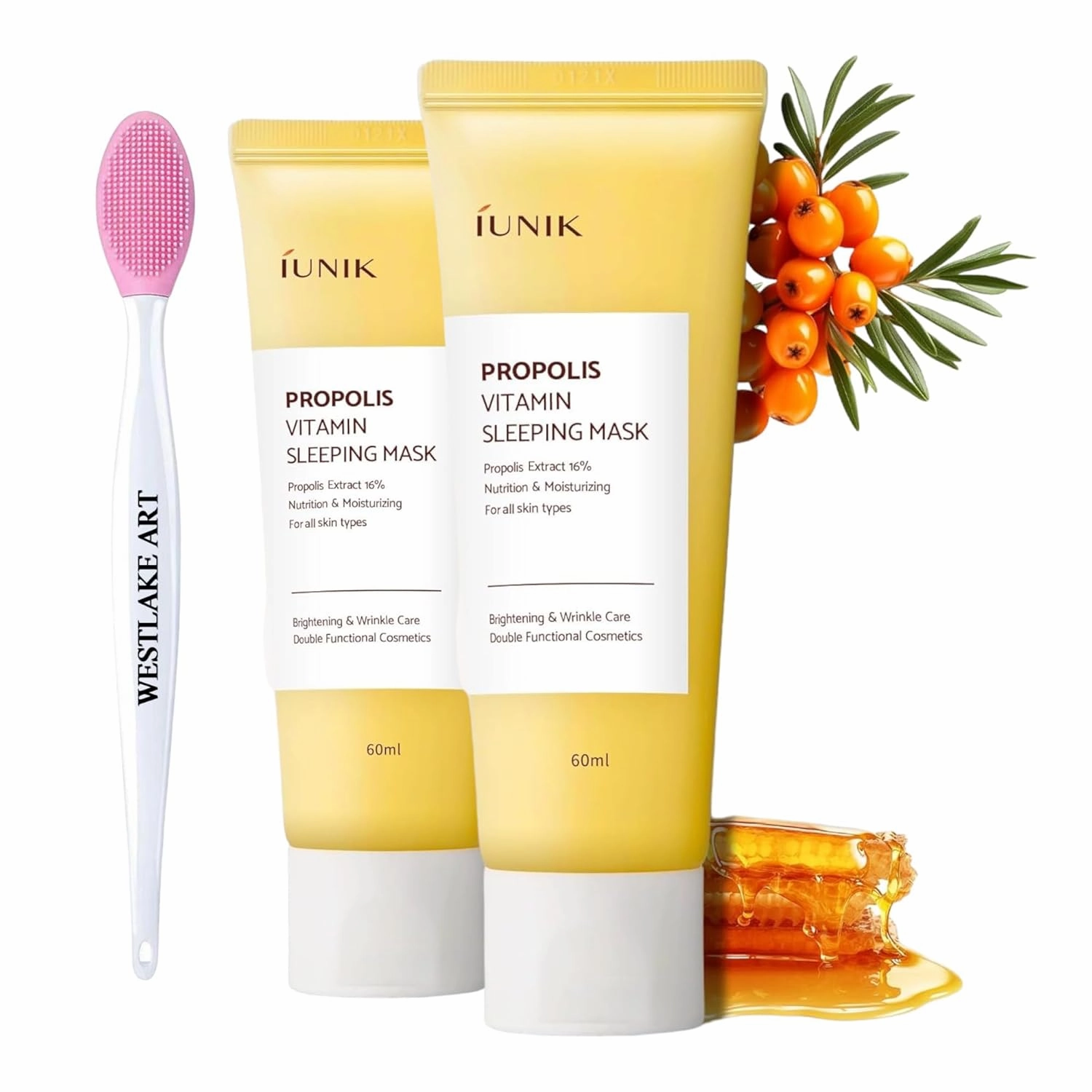 IUNIK Propolis Vitamin Eye Cream Glow Sleeping Mask Night Moisturizer Cream, 2.03 Fl Oz, Deep Hydration & Brightening, Cruelty-Free, Bundle With Nose Cleaning Brush [Pack Of 2]