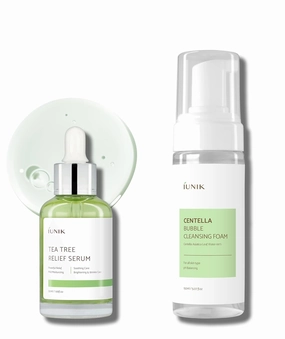 iUNIK Tea Tree Relief Facial Serum & Centella Bubble Foaming Face Cleanser Gentle Mild Soothing Calming Hydrating Ampoule Essence Acne-prone Oily Dry Skin Vegan Korean Skincare