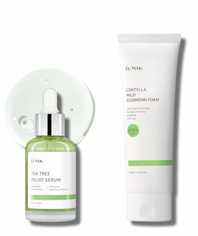 iUNIK Tea Tree Relief Serum & Centella Mild Facial Foaming Cleanser Non-Sticky Non-Stripping pH balancing Soothing Calming Ampoule Gentle Mild Face Cleanser Oily Sensitive Skin Vegan Korean Skincare