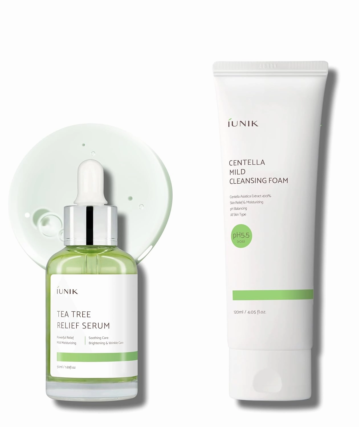 iUNIK Tea Tree Relief Serum & Centella Mild Facial Foaming Cleanser Non-Sticky Non-Stripping pH balancing Soothing Calming Ampoule Gentle Mild Face Cleanser Oily Sensitive Skin Vegan Korean Skincare