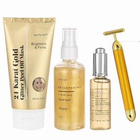 Jean Pierre Cosmetics Glitter Gold Holiday Bundle, 24 Karat Gold Glitter Peel Off Mask   Brightening & Firming Facial Mist   AHA PM Resurfacing Facial Serum   Vibrating Gold Sculpting Roller