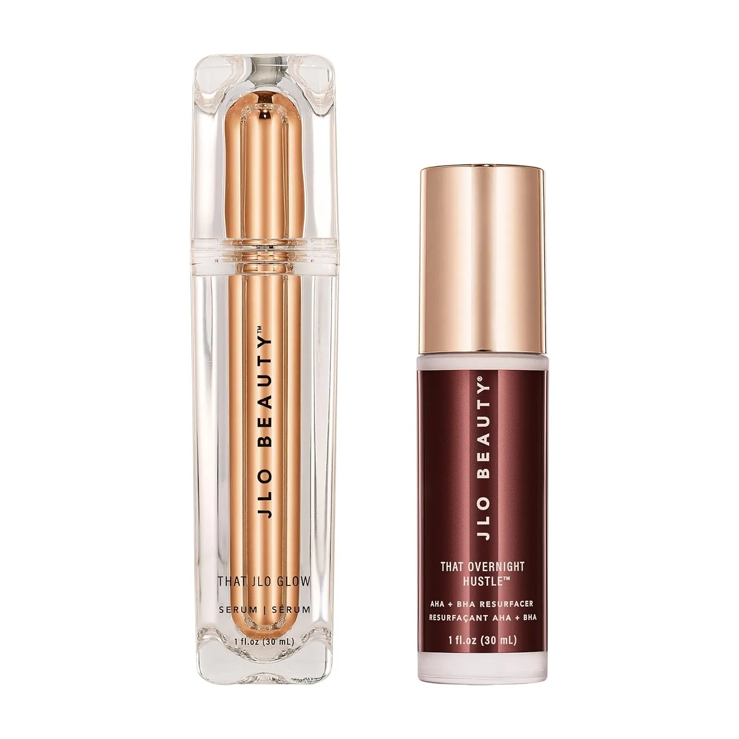 JLO BEAUTY That Day/Night Face Serum SkinCare Duo, That JLO Glow Serum, 1 Oz, That Overnight Hustle AHA & BHA Facial Serum Resurfacer, 1 Oz, Exfoliating & Firming to Support Smooth, Glowing Skin