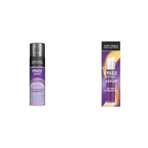 John Frieda Frizz Ease Moisture Barrier Firm Hold Hairspray, Anti Frizz Hairspray 12 Oz & Frizz Ease Extra Strength Hair Serum, Nourishing Hair Oil for Frizz Control