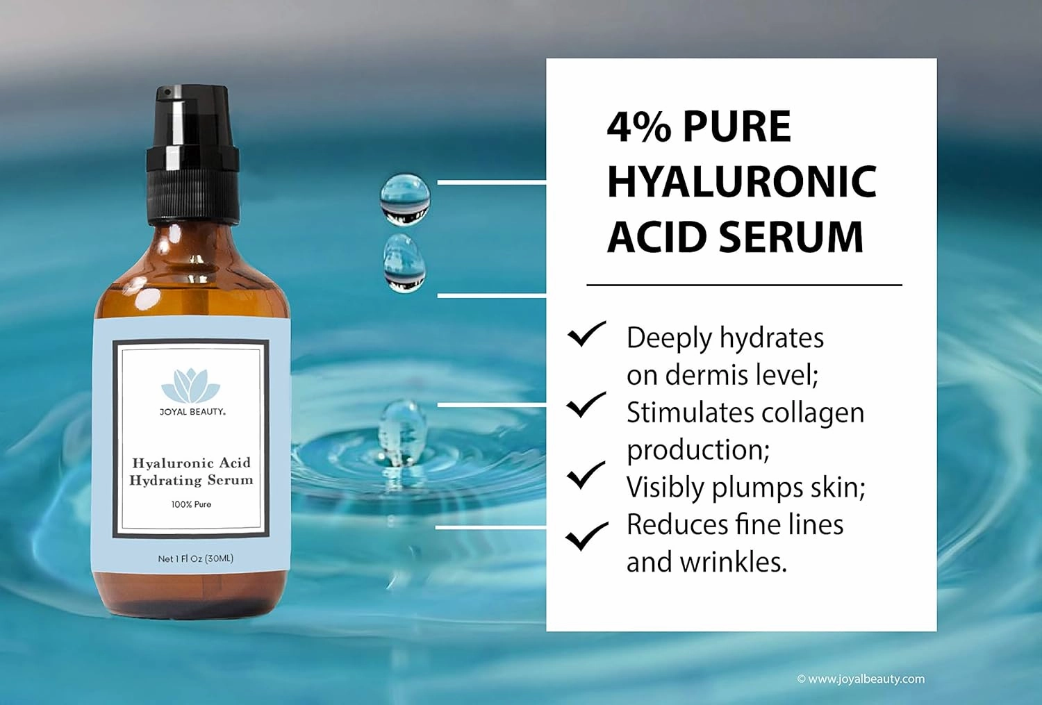 JOYAL BEAUTY Hyaluronic Acid Serum for Face Skin Eyes Lips. 100% Pure Anti-aging Hydrating Skin Serum. 4% Highest Concentration On The Market. Super Low Molecular Weight for Deep Penetration.