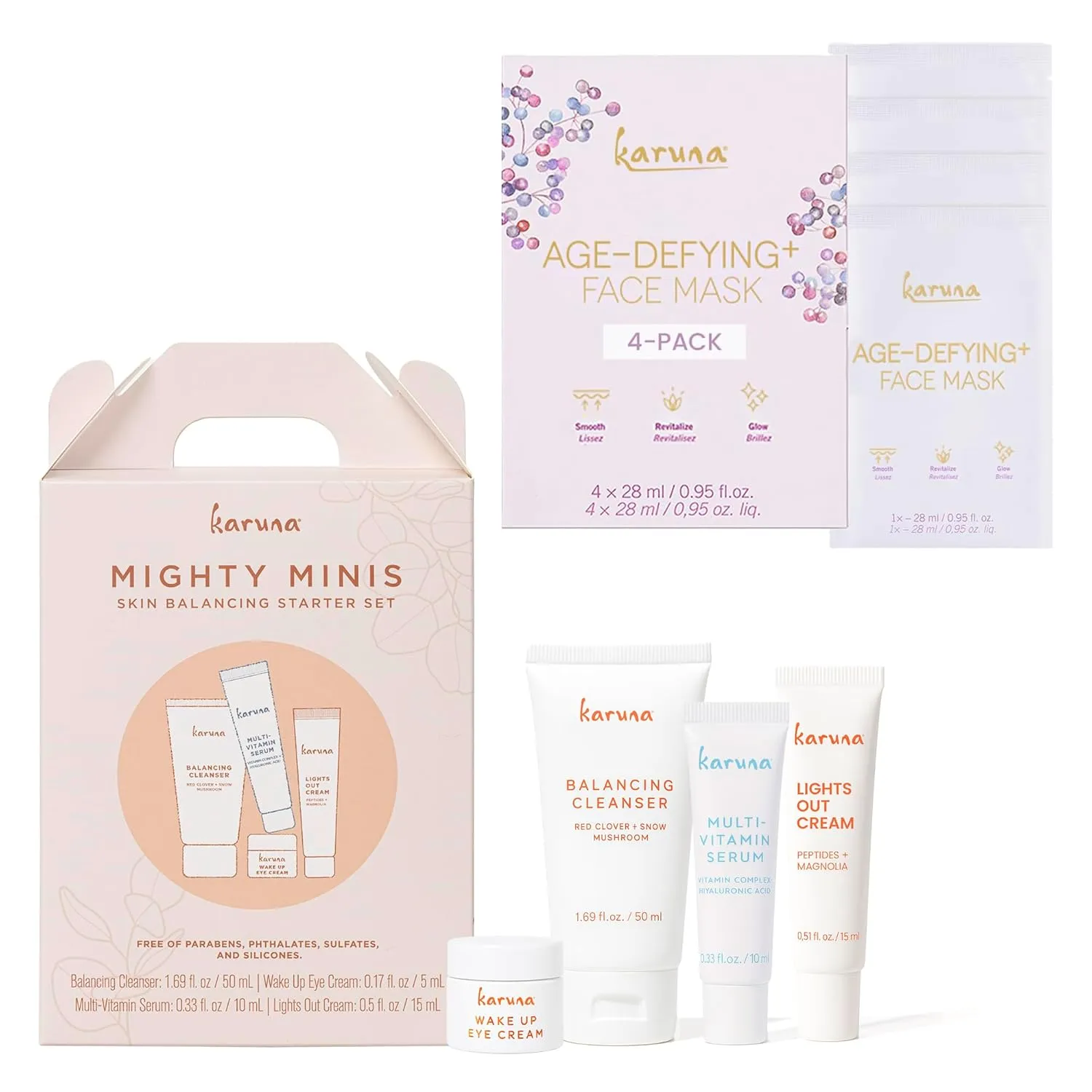 Karuna Mighty Minis Starter Set with Age-Defying  Sheet Mask 4-Pack, Anti-Aging Skincare Duo for Hydrated, Firmer, and Smoother-Looking Skin