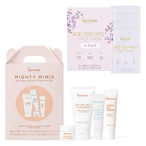 Karuna Mighty Minis Starter Set with Age-Defying  Sheet Mask 4-Pack, Anti-Aging Skincare Duo for Hydrated, Firmer, and Smoother-Looking Skin