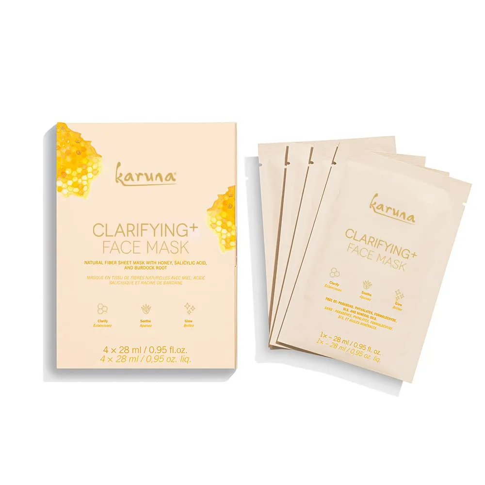 Karuna Skin - Clarifying  Sheet Masks for Clear Skin, Moisturizing & Hydrating Face Masks Skincare, Sheet Mask with Honey, Salicylic Acid & Burdock Root, 4 Face Mask Sheets per Pack