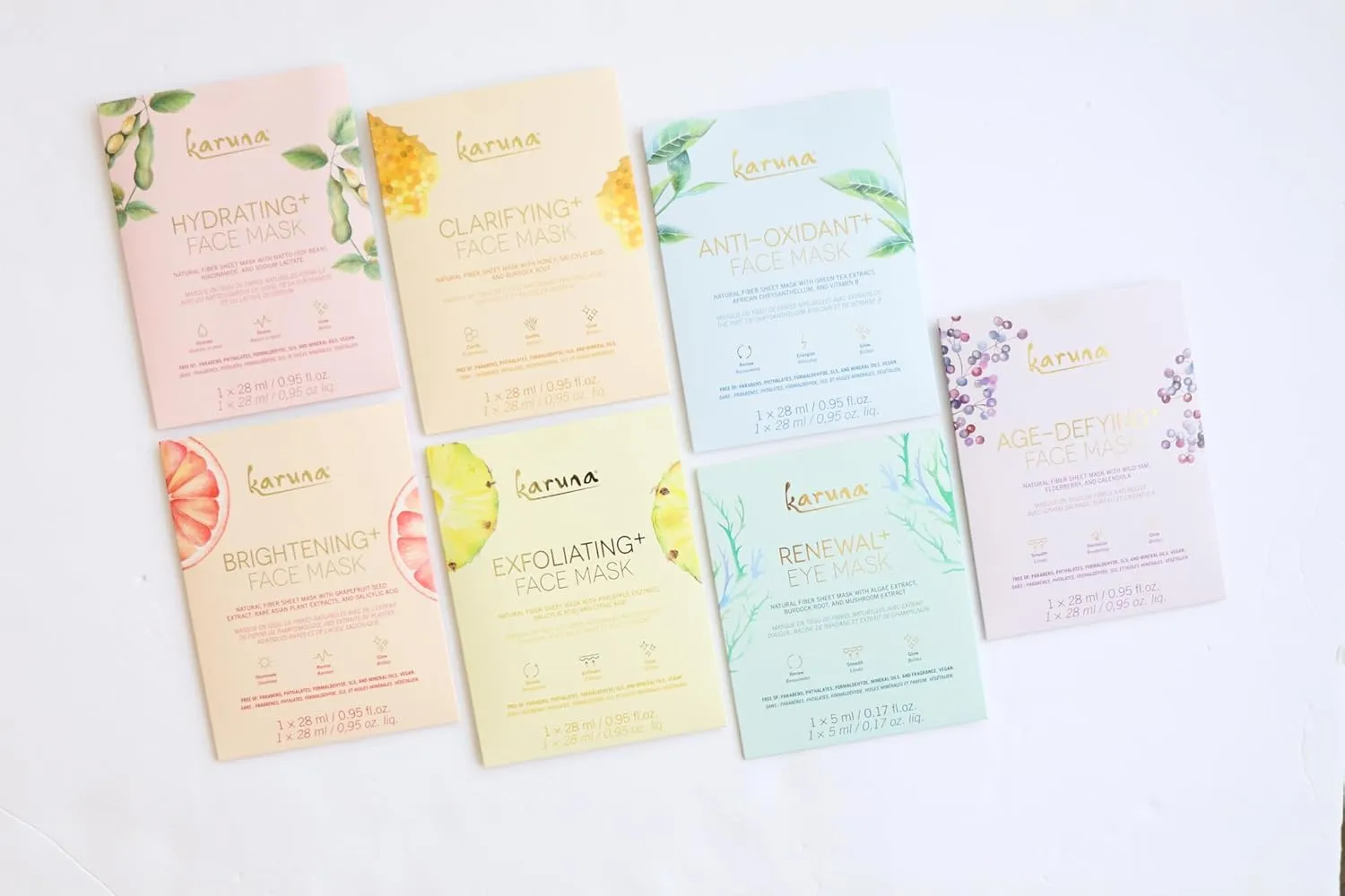 Karuna Skin - Face for All Eye & Face Mask Sets,Complete Eye & Sheet Masks Skincare Bundle, 6 Face Masks(Clarifying ,Hydrating ,Brightening ,Age-Defying  & Anti-Oxidant ) & 1 Renewal  Eye Sheet Mask
