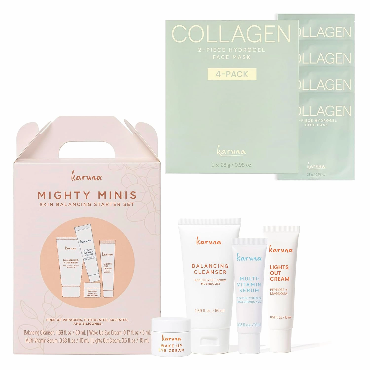 Karuna Mighty Minis Skin Balancing Starter Set with Collagen Face Mask Sheets, 4-Pack Hydrating Sheet Masks to Firm, Plump, and Smooth Skin