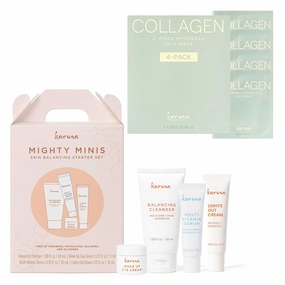Karuna Mighty Minis Skin Balancing Starter Set with Collagen Face Mask Sheets, 4-Pack Hydrating Sheet Masks to Firm, Plump, and Smooth Skin