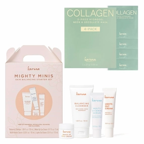 Karuna Mighty Minis Starter Set with Collagen Neck & Décolleté Mask 4-Pack, Firming Hydrogel Skincare Duo for Face, Neck, and Chest