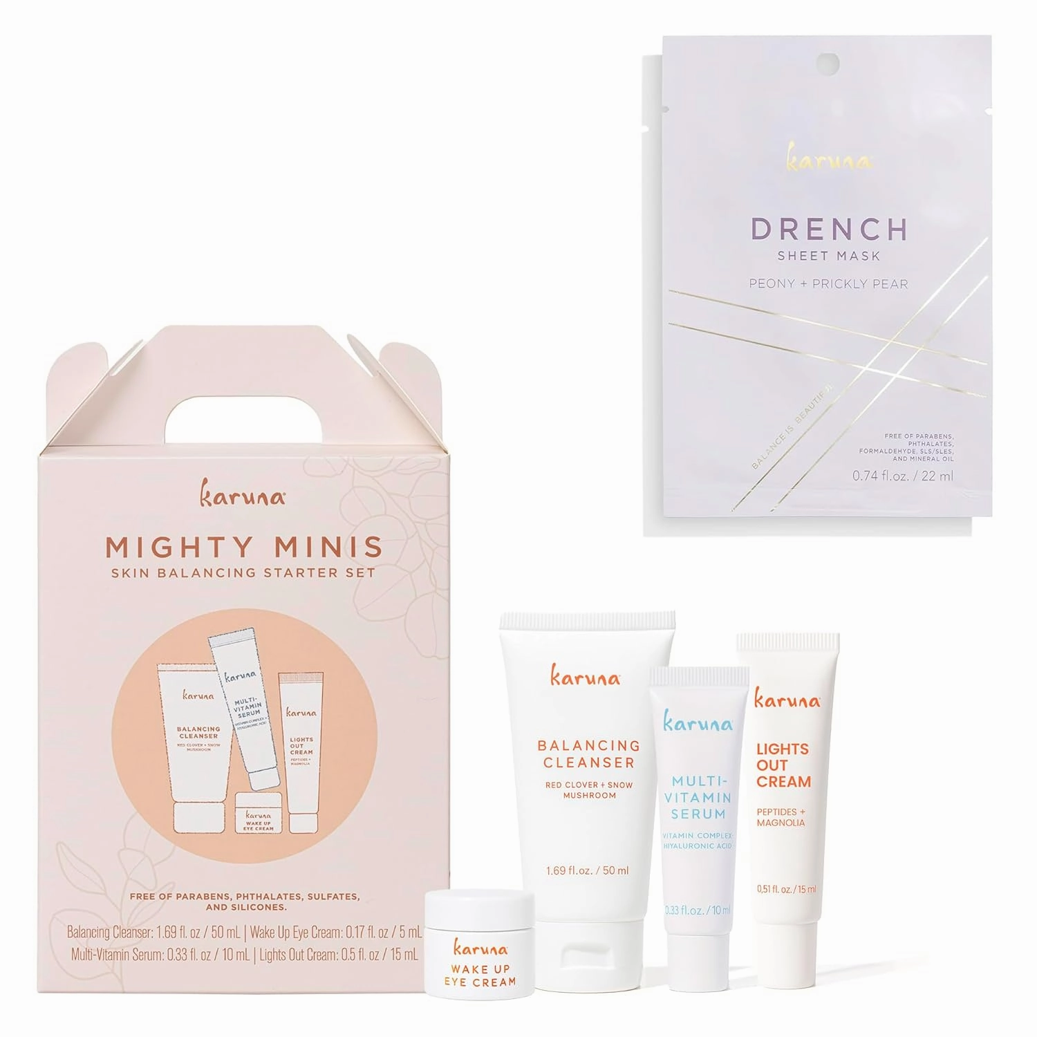 Karuna Mighty Minis Starter Set with Drench Facial Sheet Mask, Ultra-Hydrating Skincare Duo for Dry, Dehydrated, and Thirsty Skin