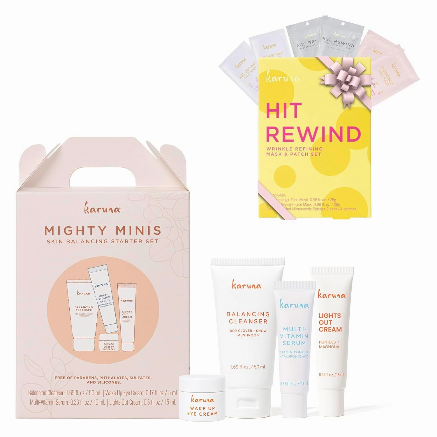 Karuna Mighty Minis Starter Set with Hit Rewind Face Mask Multi-Pack Set, Skincare Duo for Firming, Brightening, and Total Skin Renewal