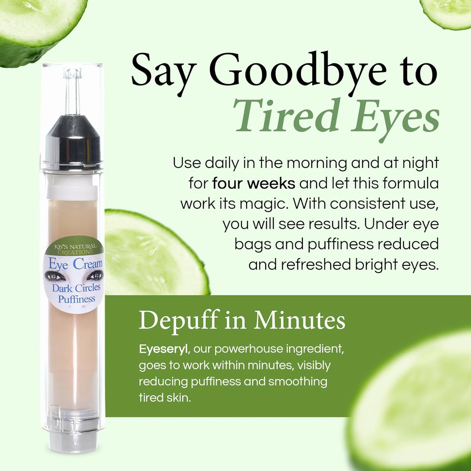 KBs Natural Creation Eye Serum - Targets Dark Circles, Under-Eye Puffiness, Crows Feet & Reduces Fine Lines & Wrinkles, Essential Eye Bags Treatment for Men & Women, Cucumber Scent, 10ml