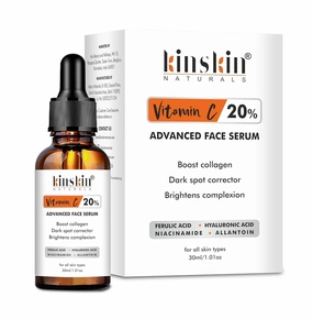 Kins kin Naturals Vitamin C Face Serum, 20% with Ferulic Acid and Hyaluronic Acid, Dark Spot Correction and Brightening, 1.01 Fl Oz