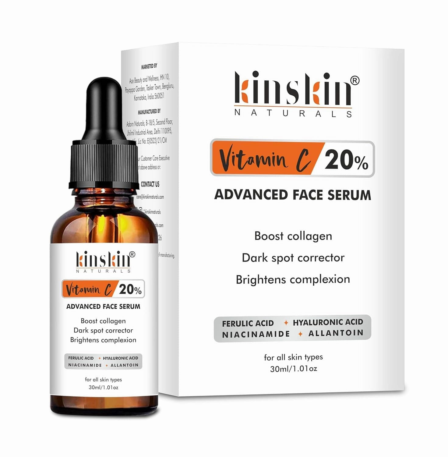 Kins kin Naturals Vitamin C Face Serum, 20% with Ferulic Acid and Hyaluronic Acid, Dark Spot Correction and Brightening, 1.01 Fl Oz