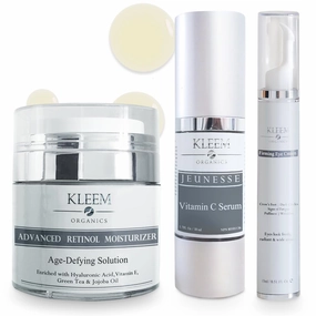 Kleem Organics Skin Rejuvenation Trio - Firming Retinol Face Cream, Brightening VItamin C Serum & Anti Aging Eye Cream - Trio for Wrinkles, Dark Spots, Uneven Skin & Dark Circles - Pack of 3