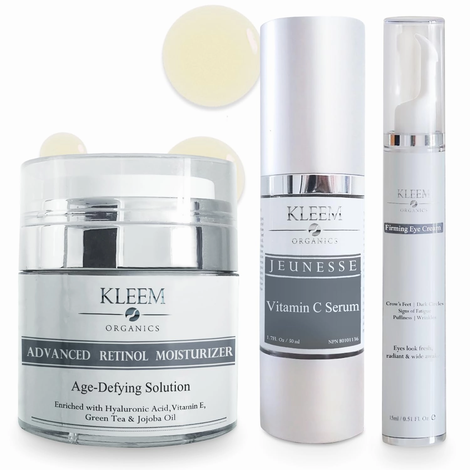 Kleem Organics Skin Rejuvenation Trio - Firming Retinol Face Cream, Brightening VItamin C Serum & Anti Aging Eye Cream - Trio for Wrinkles, Dark Spots, Uneven Skin & Dark Circles - Pack of 3