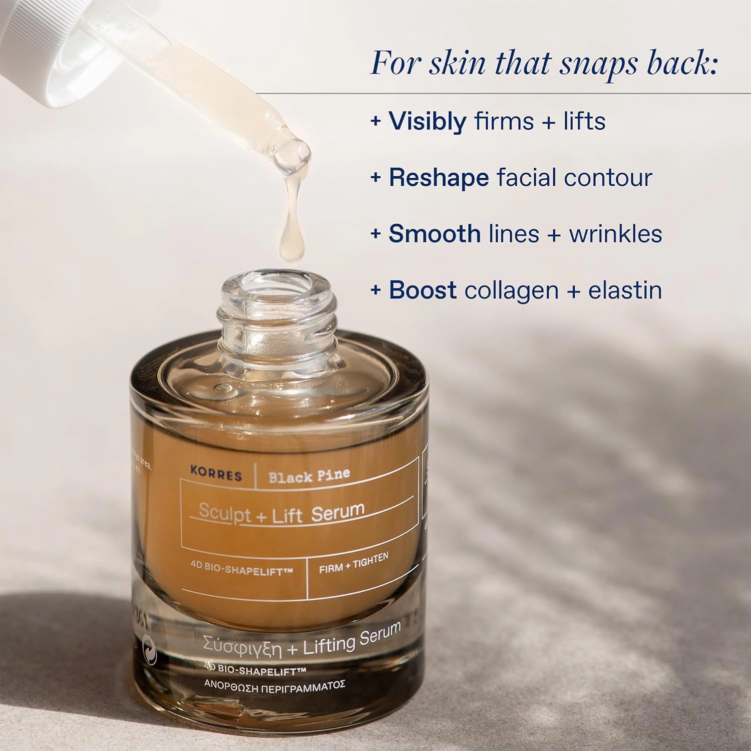 Korres Black Pine Sculpt & Lift Face Serum, Daily Facial Serum for Women and Men, Tightening and Hydrating Skin Care for Fine Lines and Wrinkles, Supports Collagen & Elastin, 1.01 Fl Oz