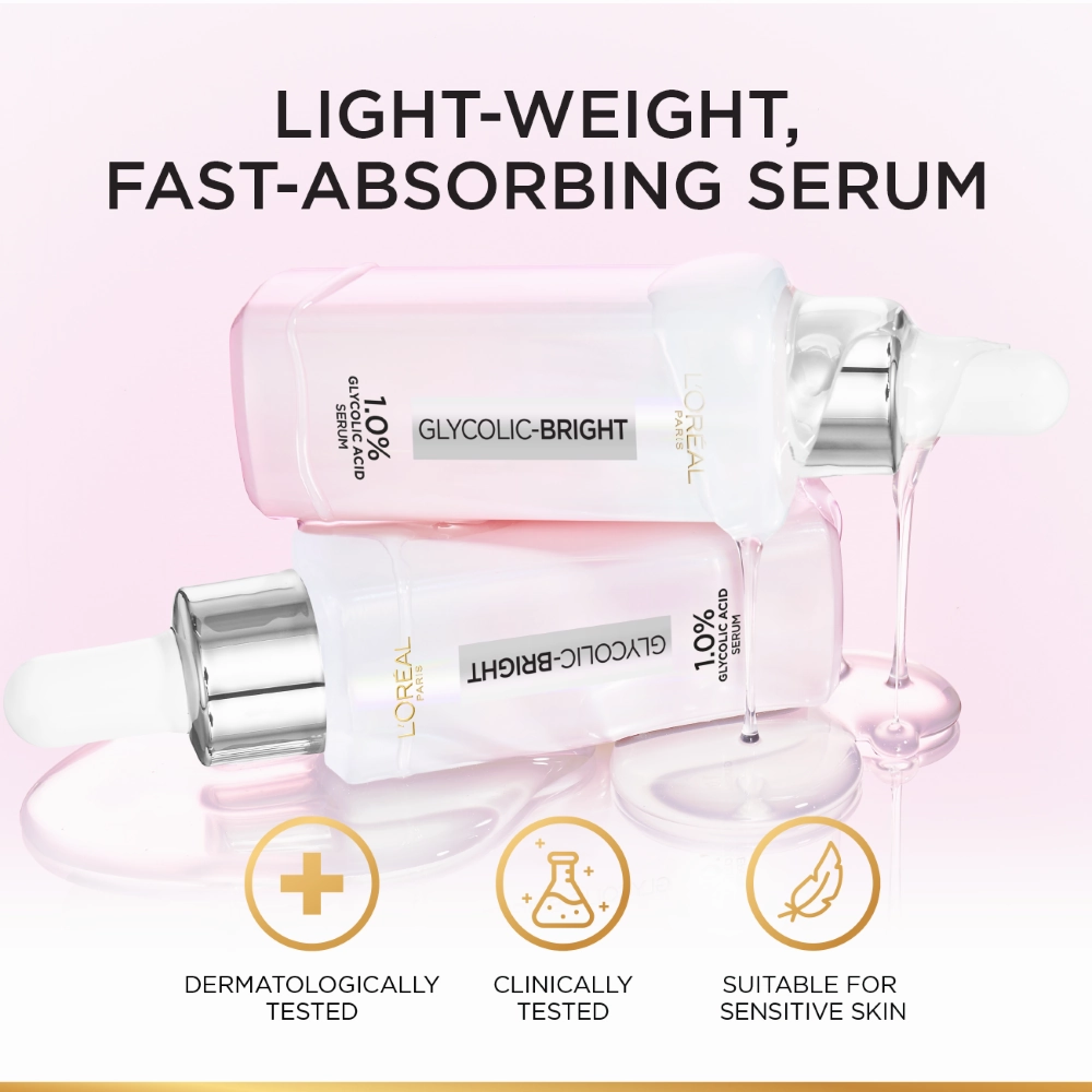 L'Oreal Paris Glycolic Bright Instant Glowing Serum, Reduces 57% Dark Spots, 30ml - Anti-Dark, Spot Brightening Face Serum