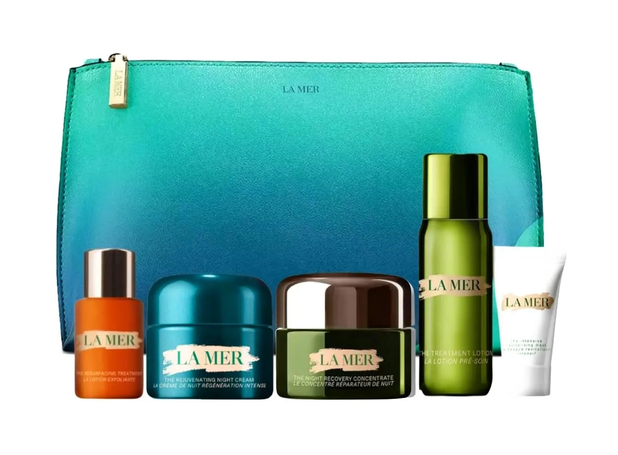 La Mer Skincare Travel Size Gift Set Lifting and Firming Mask, Regenerating Serum, The Eye Concentrate, Treatment Lotion