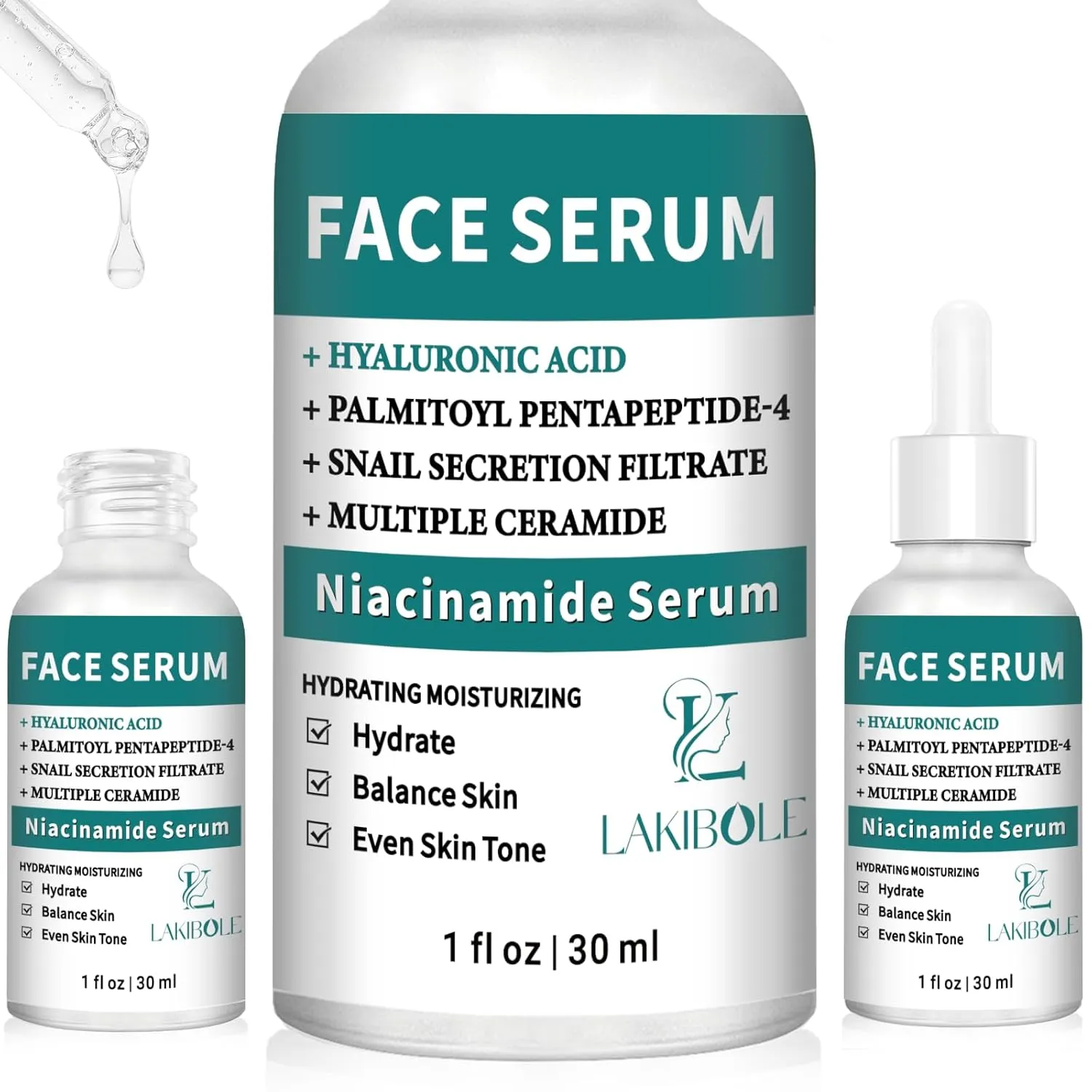 LAKIBOLE 3 Pack 5% Niacinamide Serum with 1% Ceramide T5 & 1% Snail Secretion for Balanced Hydration & Tone (1fl.oz/30ml)