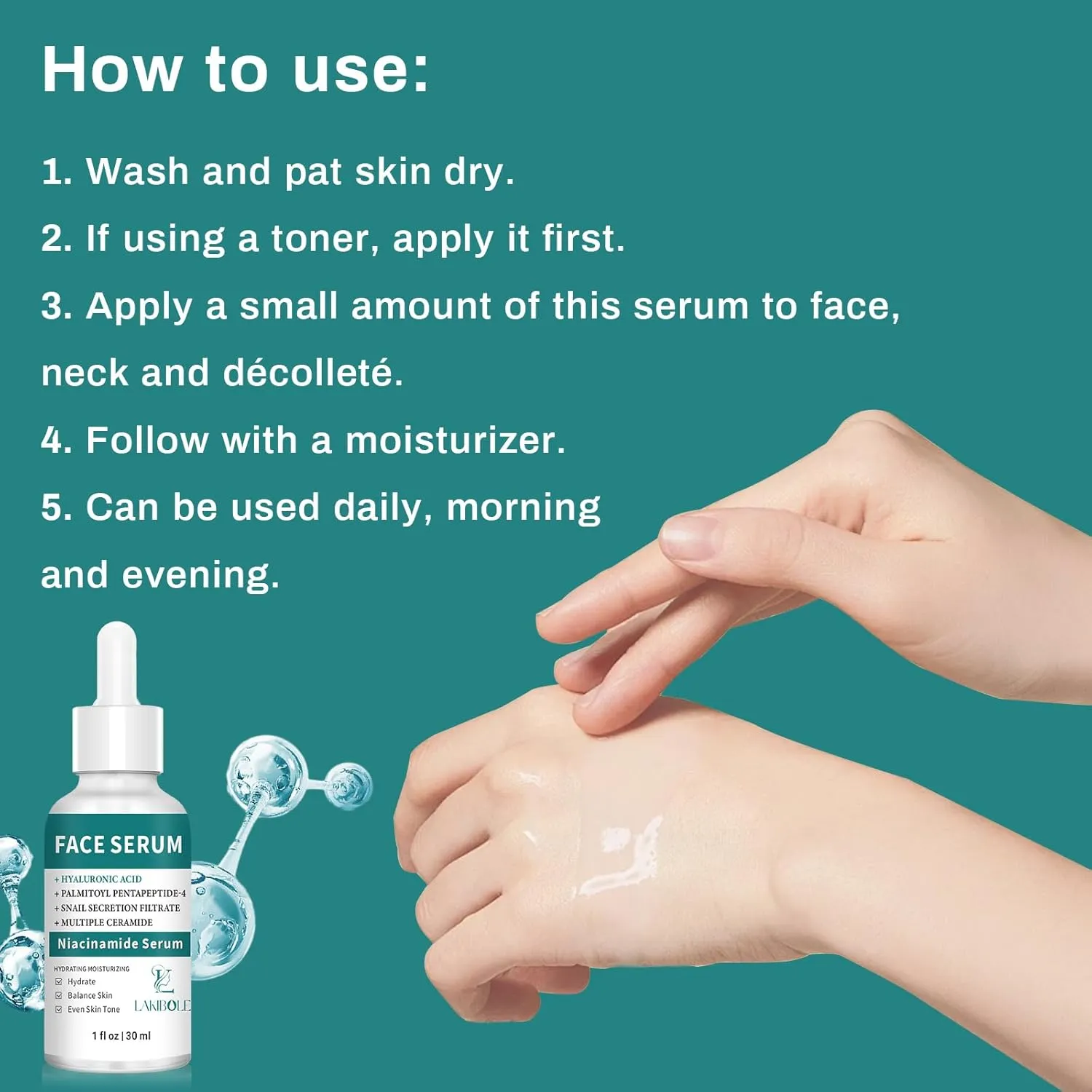 LAKIBOLE 3 Pack 5% Niacinamide Serum with 1% Ceramide T5 & 1% Snail Secretion for Balanced Hydration & Tone (1fl.oz/30ml)