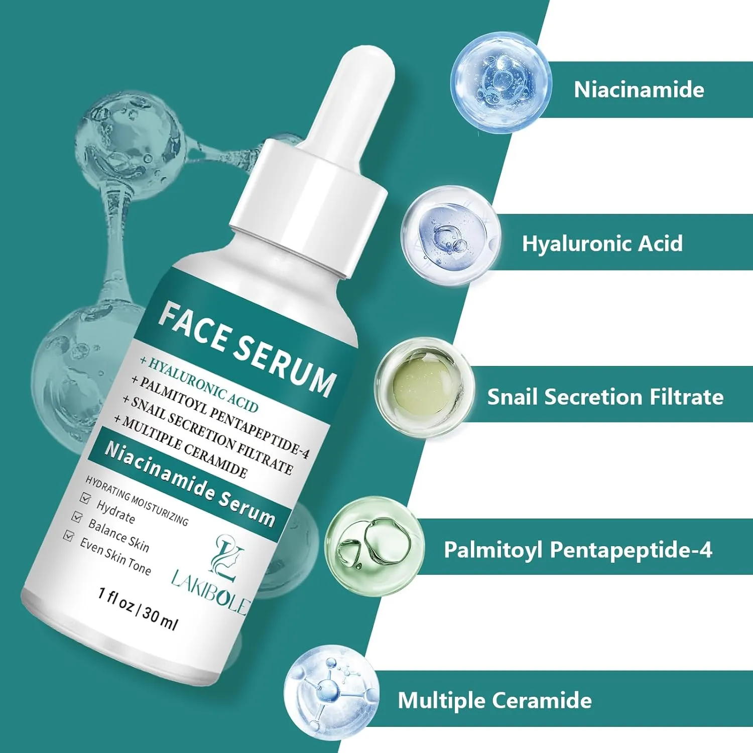 LAKIBOLE 3 Pack 5% Niacinamide Serum with 1% Ceramide T5 & 1% Snail Secretion for Balanced Hydration & Tone (1fl.oz/30ml)
