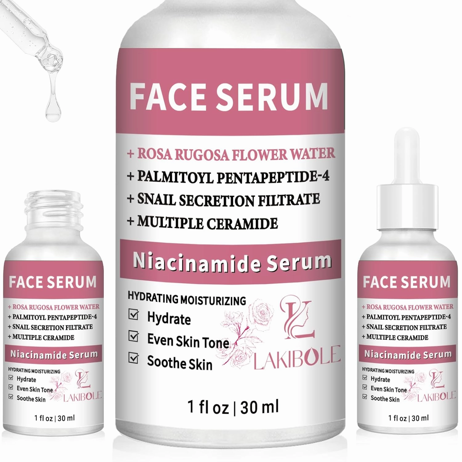 LAKIBOLE 3 Pack 5% Niacinamide Serum with 5% Damascus Rose Floral Water (1fl.oz/30ml Each)